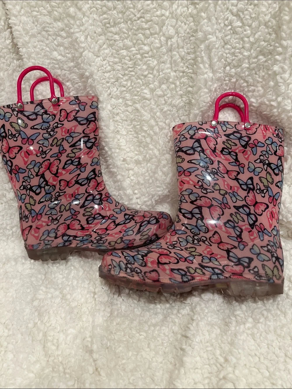 Girls' Pink Butterfly Print Rain Boots with Easy Pull Handles